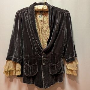 Vintage-Inspired Dark Brown Velvet Jacket with Cream Lace Cuffs -